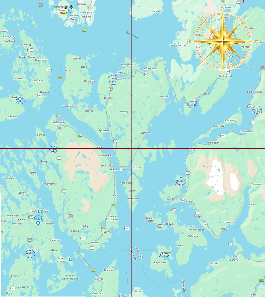 Sjøkart over kystområde med tegnet rute