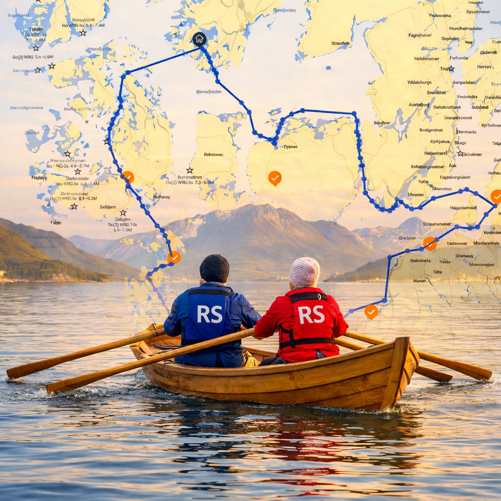 To personer i en liten trebåt på rolig fjord